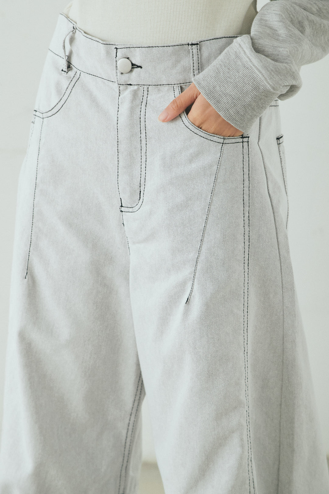 [SET]レーヨンストライプスカーフ+ツイル配色ステッチバレルパンツ+レーヨンストライプバンドカラー長袖シャツ(3set)