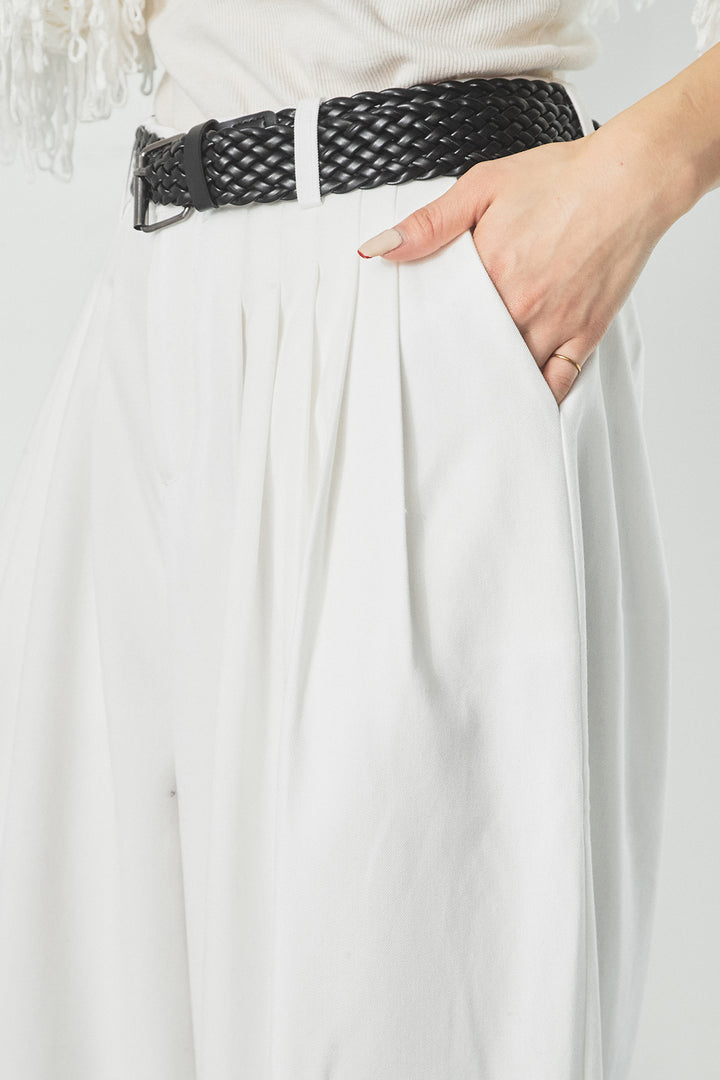 [SET]シアーフラワーフードブルゾン+編みベルト付きウエストタックワイドパンツ(2set)