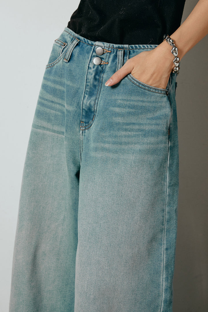 [SET]ハーフジップニットデニムドッキングトップス+ウエストダブルボタンワイドデニムパンツ(2set)