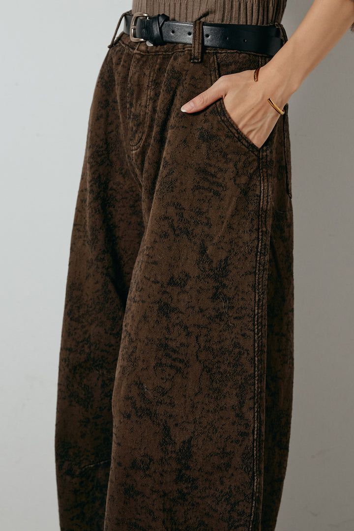 [SET]ケープデザインケーブルニットトップス+ベルト付きニュアンス柄カーブワイドパンツ(2set)