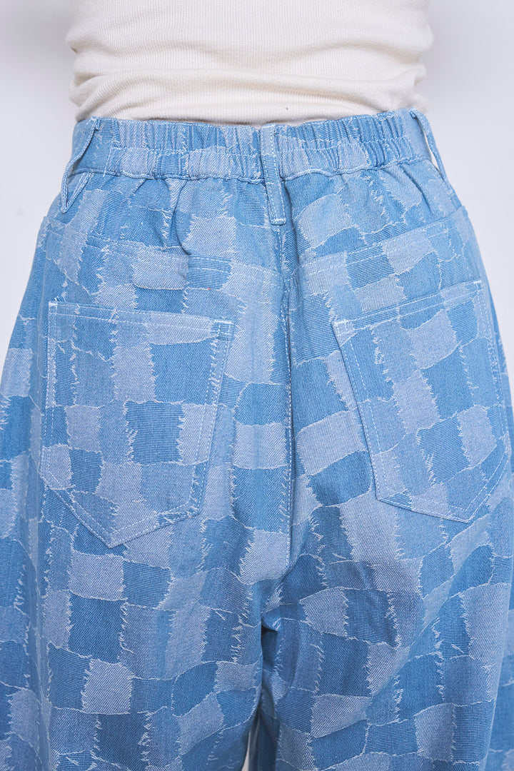 [SET]ロングシアーアウター+パッチワーク風デニムワイドパンツ(2set)