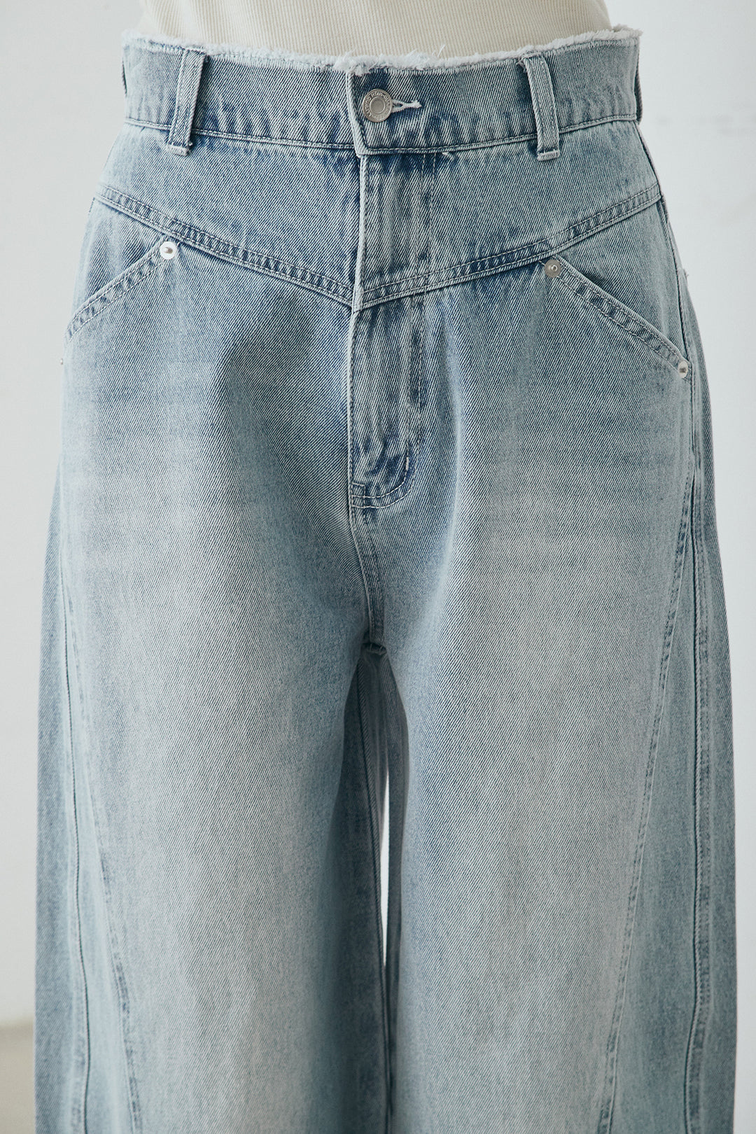 [SET]綿タッチVネックボーダートップス+デニムヨークパンツ(2set)