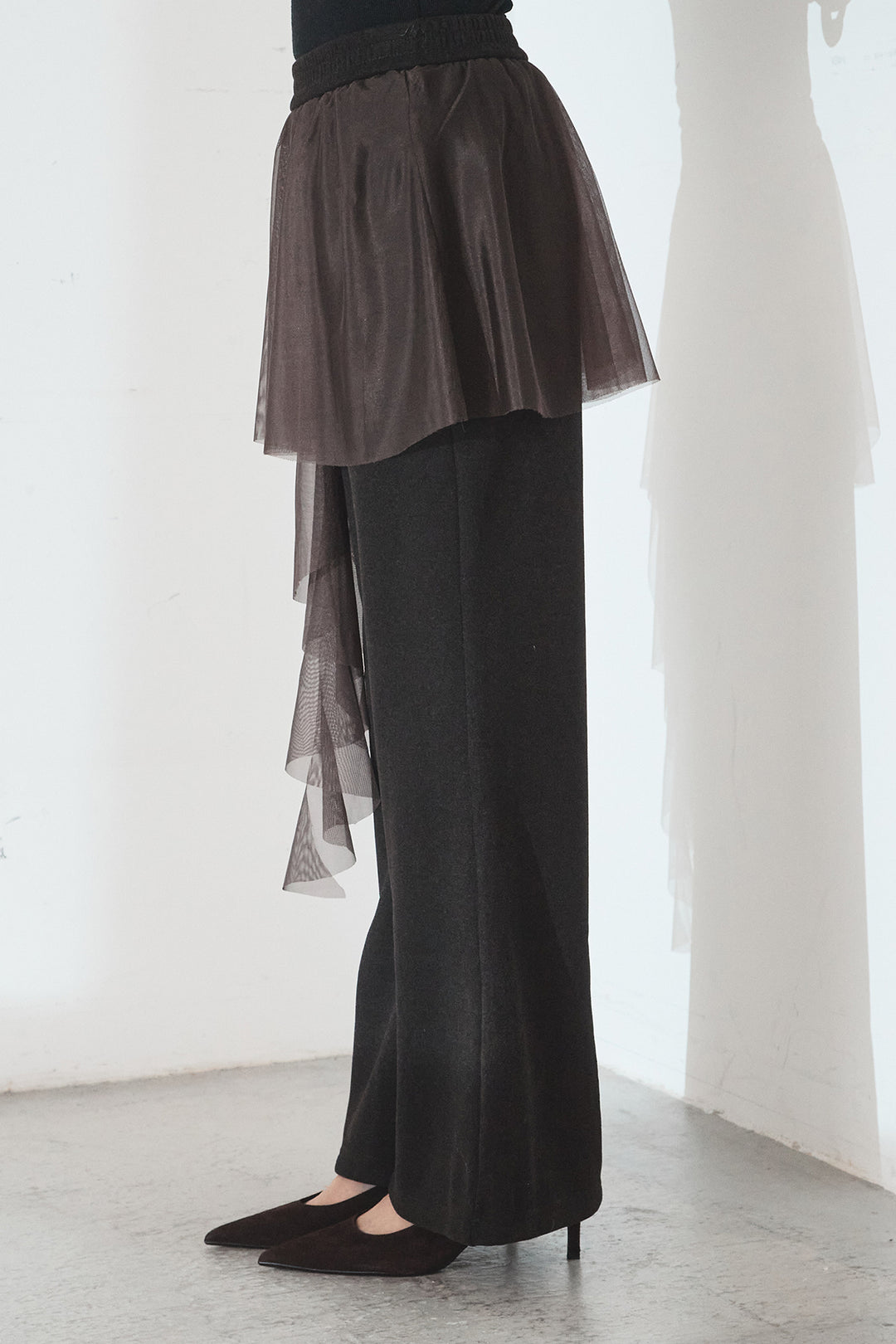 [SET]ノーカラーリブボアアウター+チュールレイヤードニットパンツ(2set)