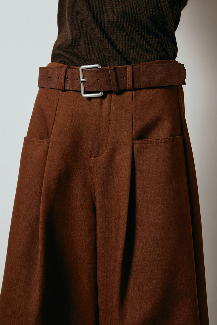 太ベルト付きタックデザインワイドパンツ