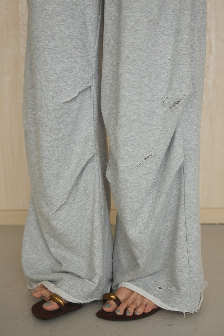 [SET]ショルダータックリボン付きカットソー+ランダムタックスウェットワイドパンツ(2set)