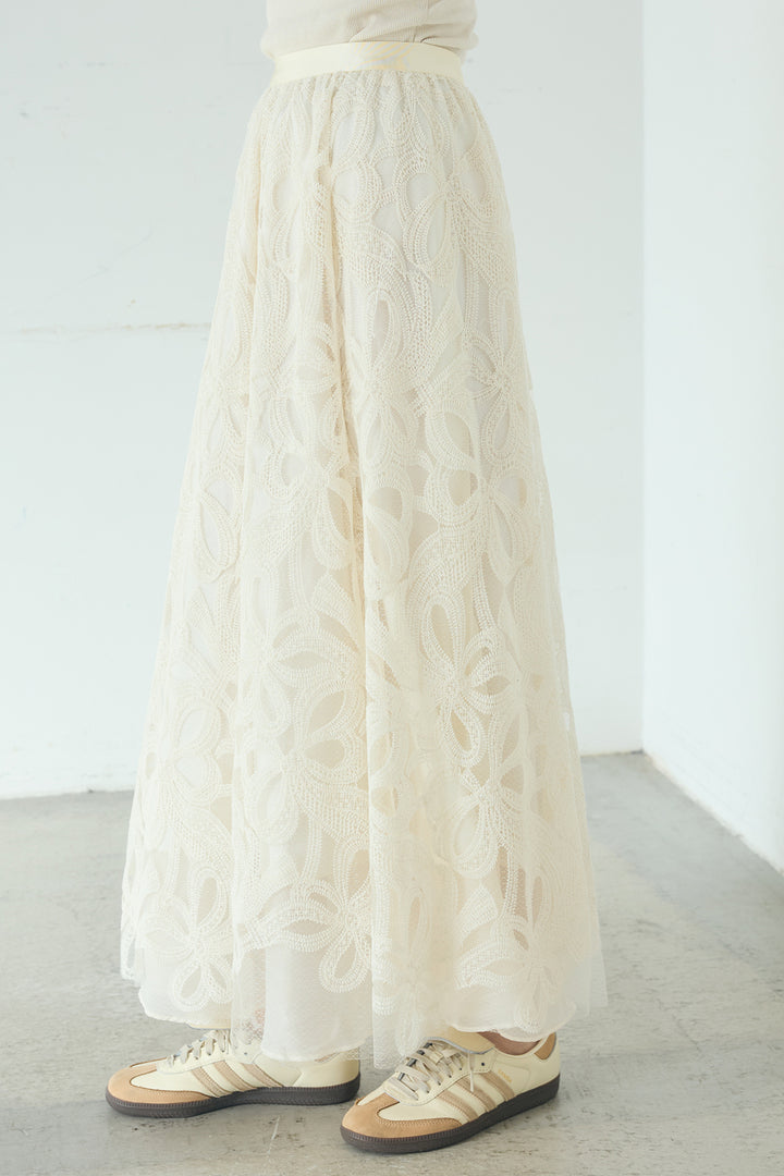 [SET]ベルト付きスタンドネックアウター+ニュアンス柄刺繍スカート(2set)