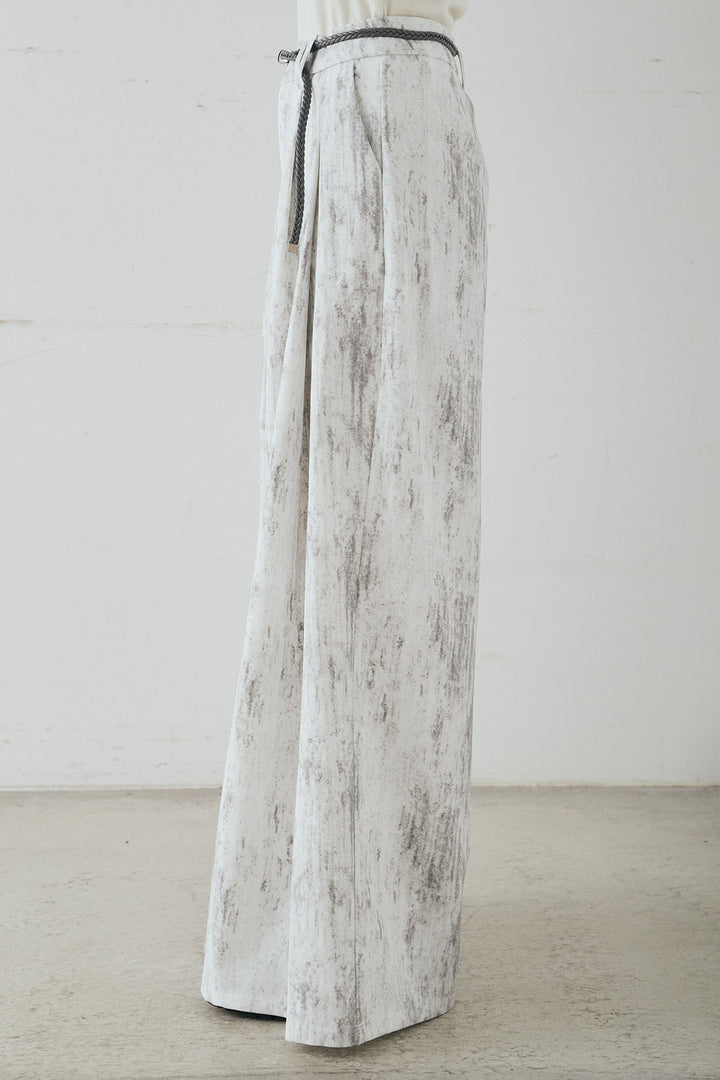 [SET]裾センタードロストロゴプリントワイドTシャツ+紐ベルト付きかすれ柄ワイドスラックス(2set)