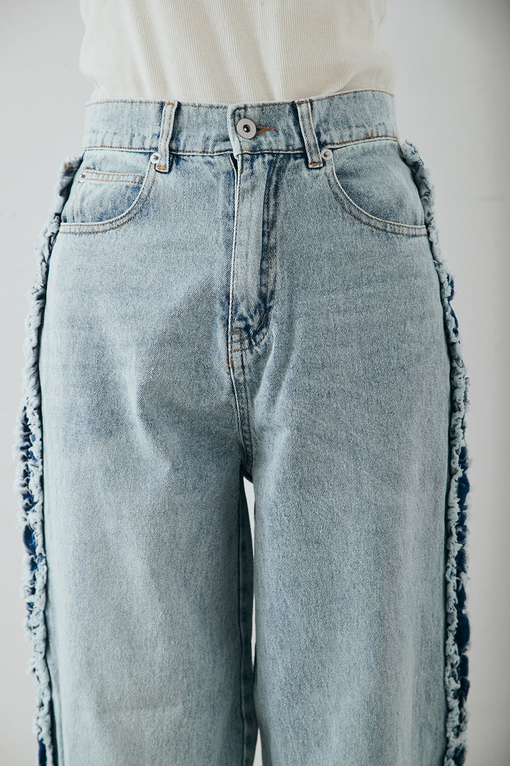 [SET]袖シャーリング裾フリルデニムブルゾン+デニムサイドフリルパンツ(2set)