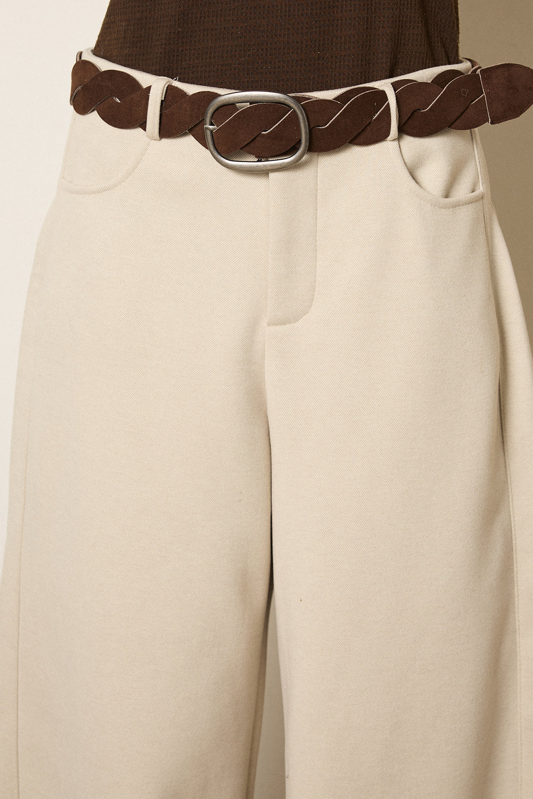 [SET]ビッグカラープードルボアアウター+編みベルト付きワイドパンツ(2set)