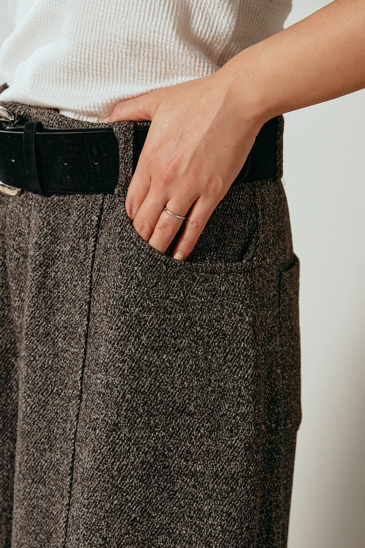 [SET]デニムカラーボーダールーズニット+太ベルト付きツイードワイドパンツ(2set)