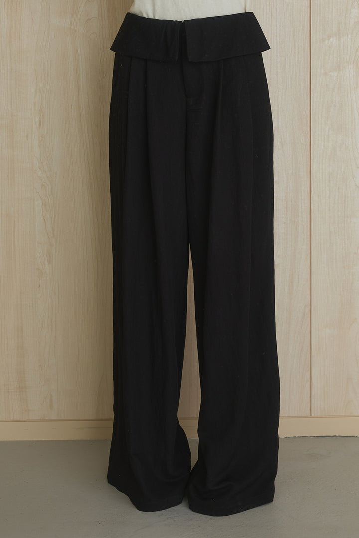 [SET]ネック編みデザインニットトップス+ウエスト折り返しワイドパンツ(2set)