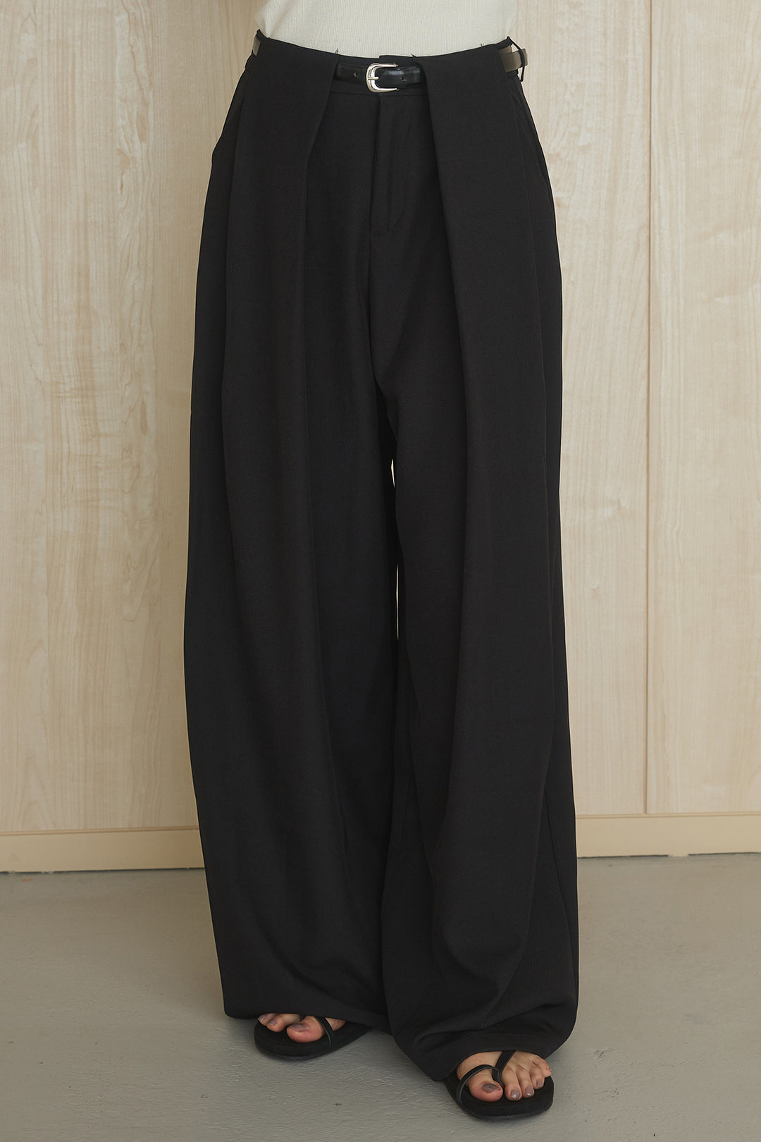 [SET]襟付き配色デニムブルゾン+ビックベルトループタックベルト付きワイドパンツ(2set)