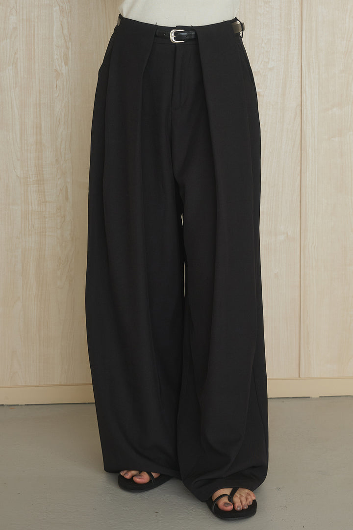 [SET]襟付き配色デニムブルゾン+ビックベルトループタックベルト付きワイドパンツ(2set)