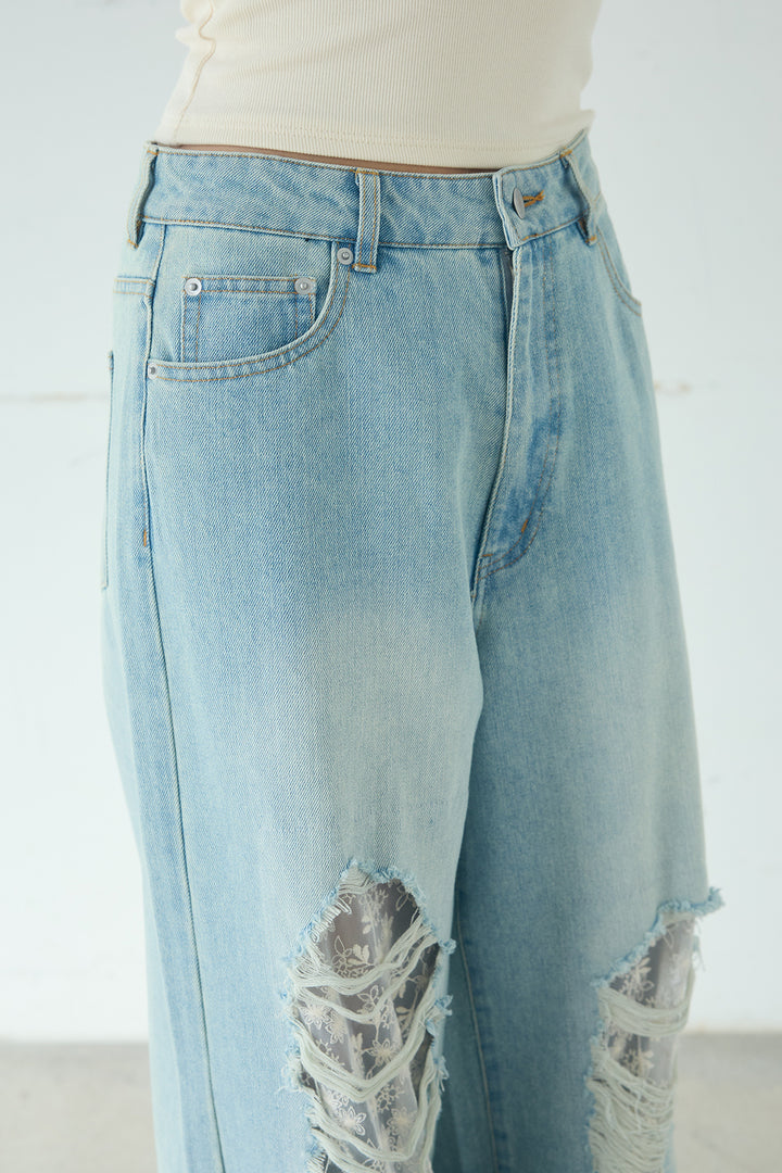 デニムレース付きワイドパンツ