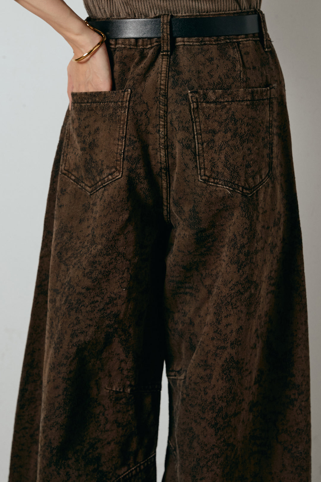 [SET]ケープデザインケーブルニットトップス+ベルト付きニュアンス柄カーブワイドパンツ(2set)