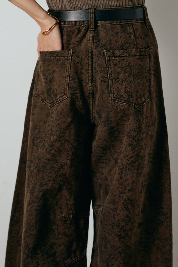 [SET]ケープデザインケーブルニットトップス+ベルト付きニュアンス柄カーブワイドパンツ(2set)