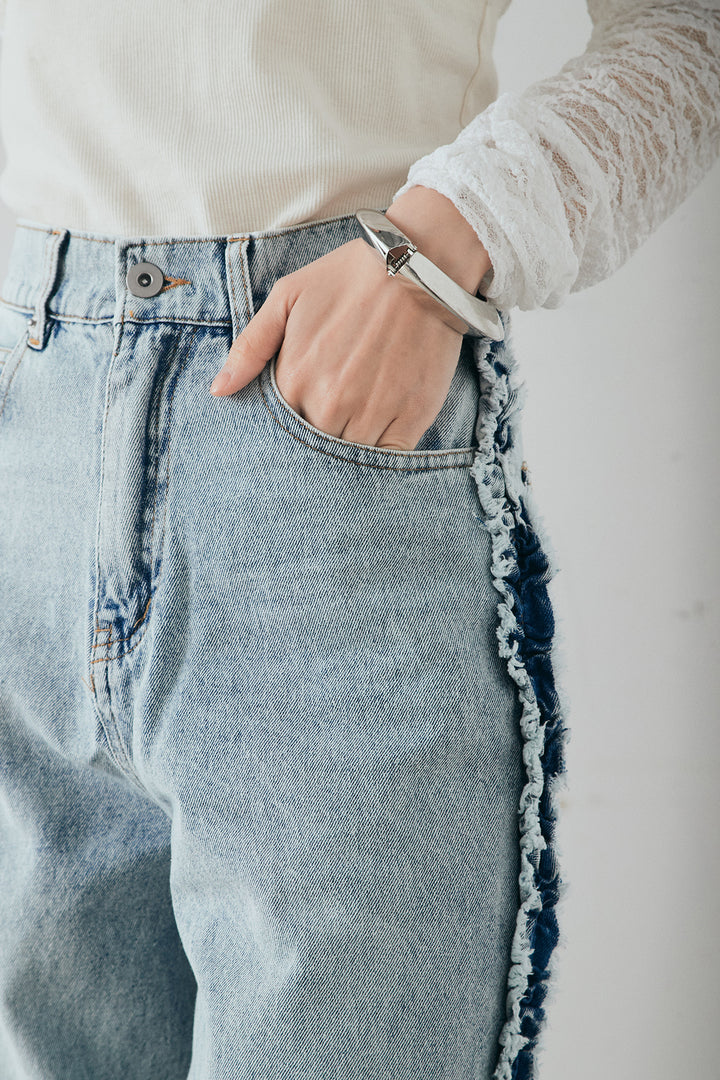 [SET]ランダムストライプスカーフ付きシャツ+デニムサイドフリルパンツ(2set)