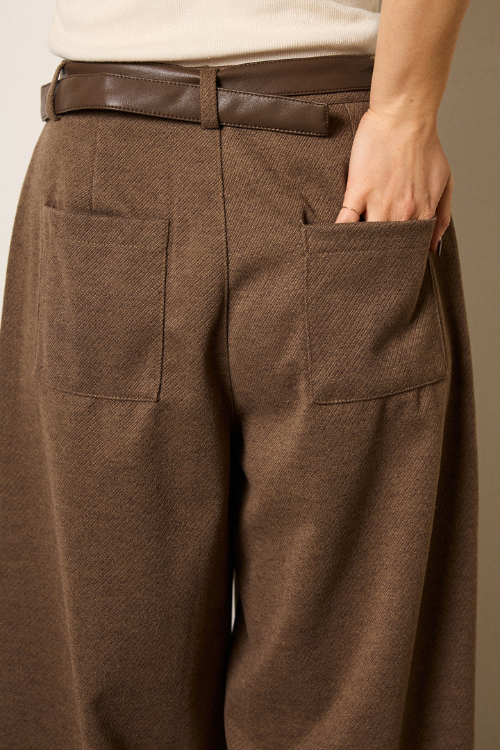 [SET]スカーフ付きミックスニットトップス+細ベルト付き起毛タックワイドパンツ(2set)