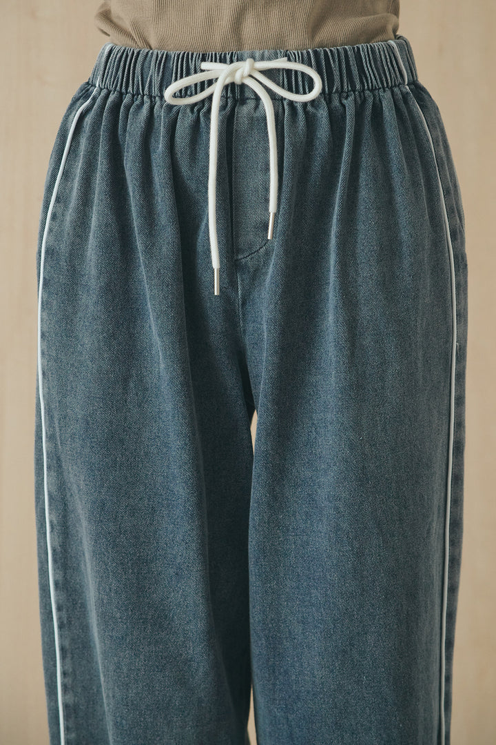 [SET]デニムライクビッグツーポケシアーシャツ+ドロストサイドラインデニムパンツ(2set)