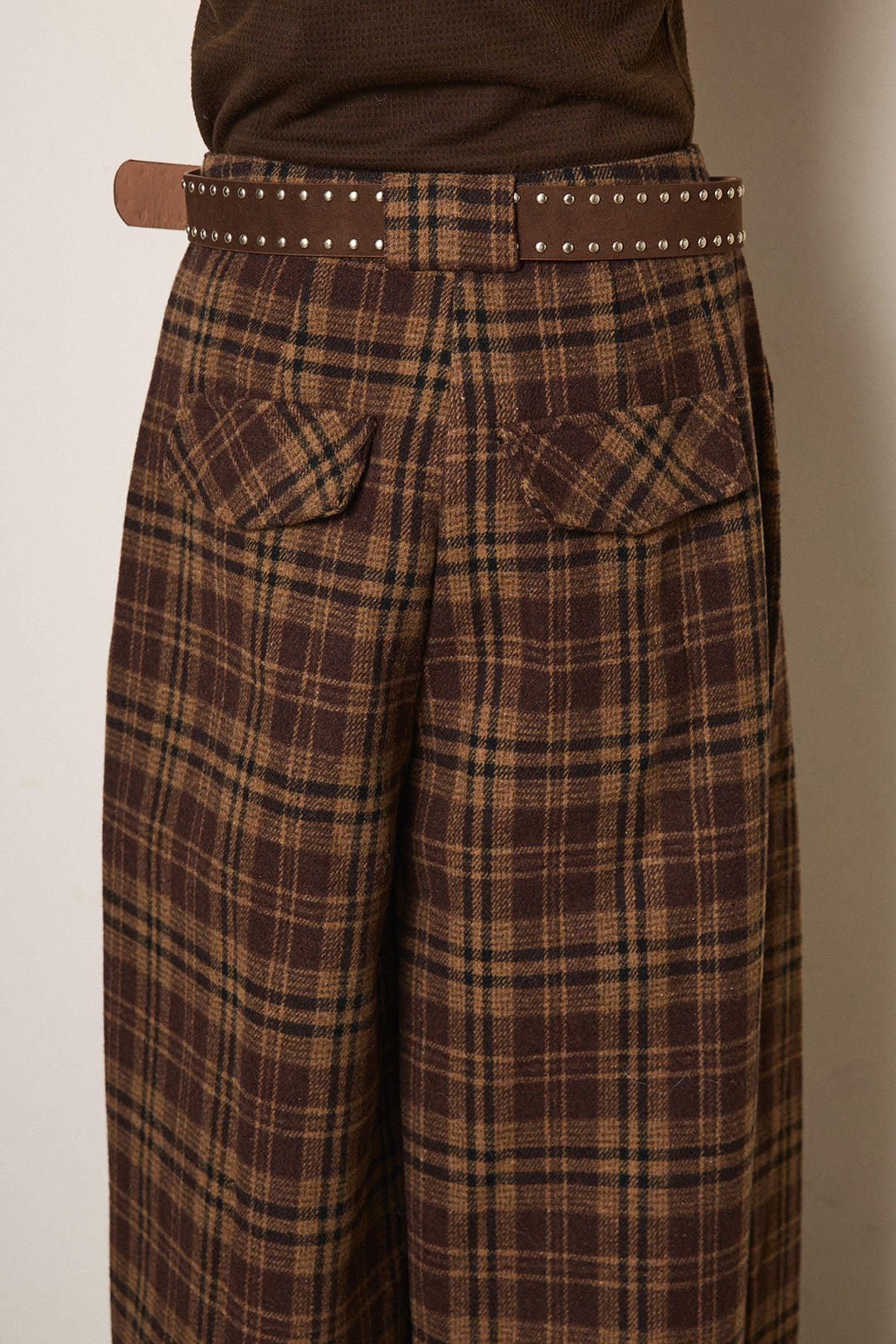 [SET]デニム襟ダブルジップニットトップス+スタッズデザインベルトタータンチェックパンツ(2set)