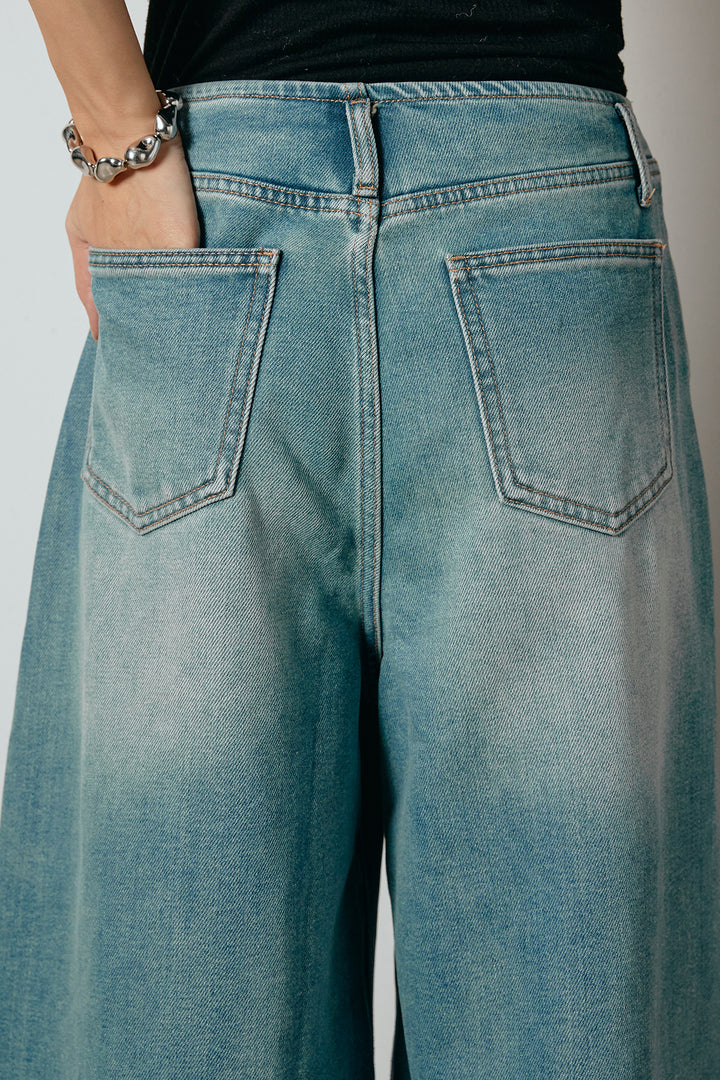 [SET]ハーフジップニットデニムドッキングトップス+ウエストダブルボタンワイドデニムパンツ(2set)