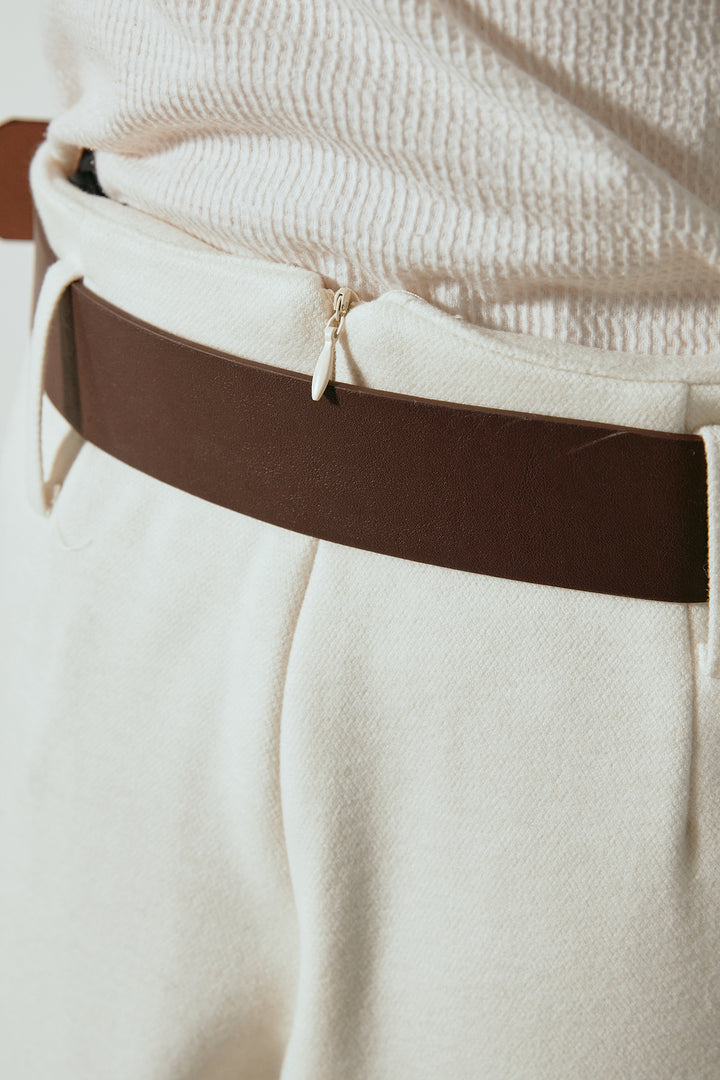 [SET]ビッグカラーケーブル編みニットトップス+2WAY袖コード刺繍クルーネックプルオーバー+フェイクレザー太ベルト付きタックワイドパンツ(3set)