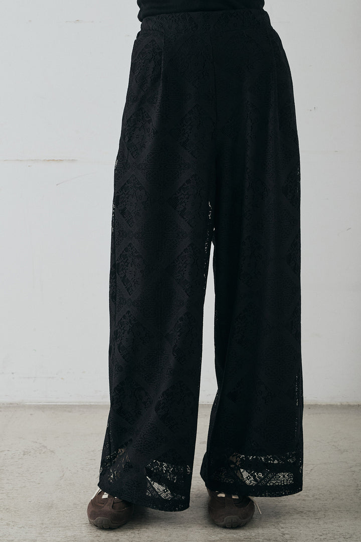 [SET]ブロックレースフード付きブラウス+リラックスブロックレースワイドパンツ(2set)