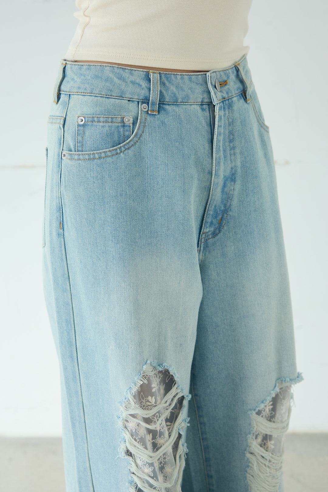 [SET]ローンレースオープンカラーシャツ+デニムレース付きワイドパンツ(2set)