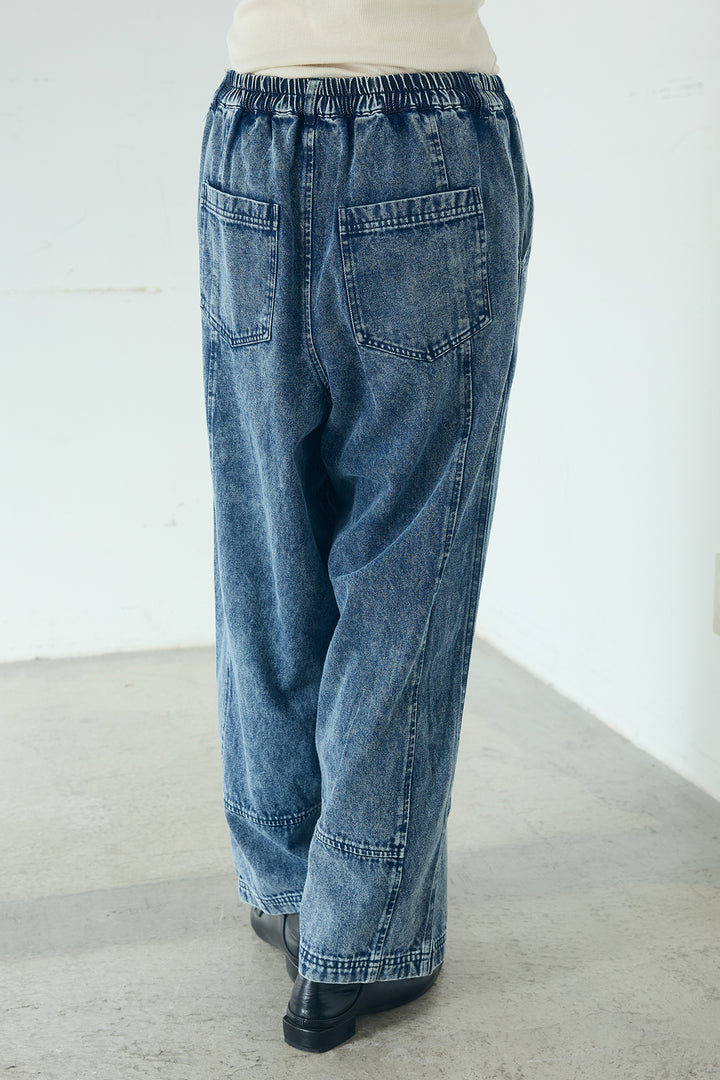 [SET]カラーデニムケミカル加工ノーカラーブルゾン+カラーデニムケミカル加工コクーンパンツ(2set)