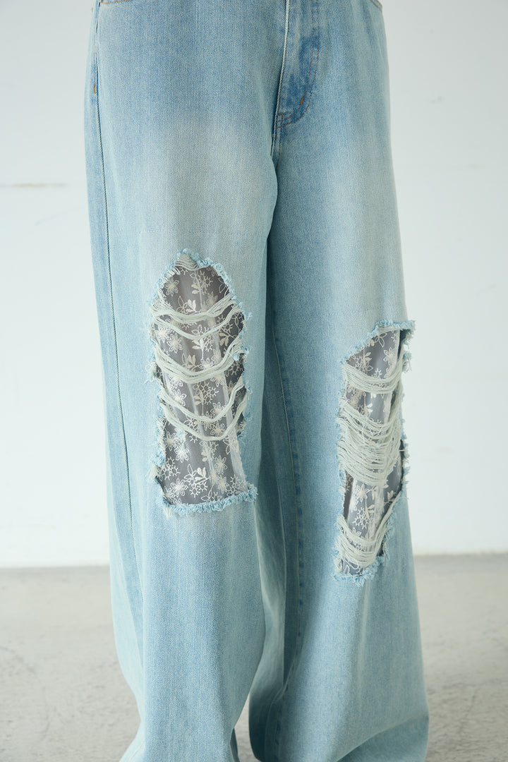 デニムレース付きワイドパンツ