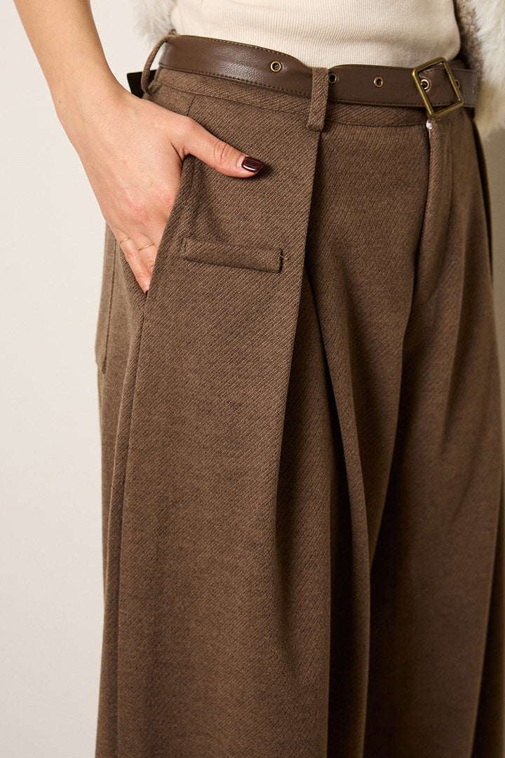 [SET]スカーフ付きミックスニットトップス+細ベルト付き起毛タックワイドパンツ(2set)