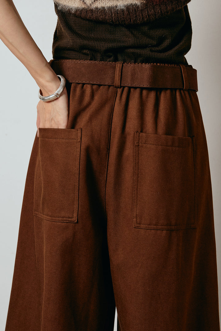 太ベルト付きタックデザインワイドパンツ