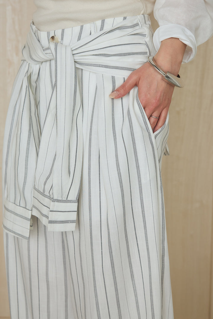 [SET]襟付きボタンブラウス+ウエスト巻きピンストライプパンツ(2set)