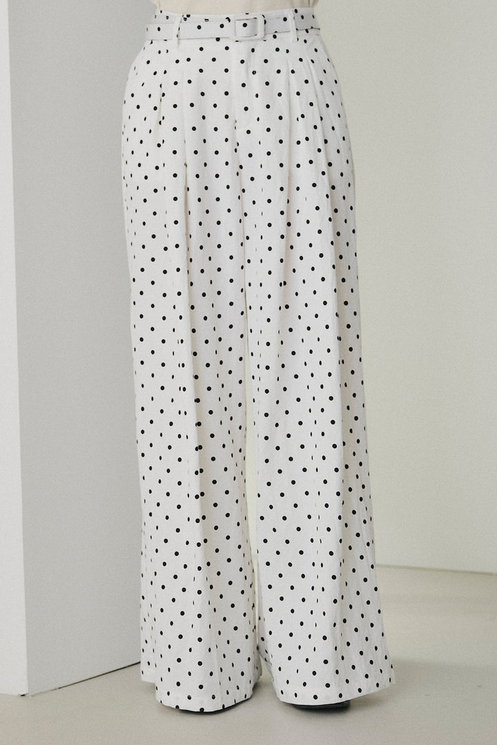 [SET]配色ステッチシアーシャツ+ベルト付きドット柄ワイドパンツ(2set)