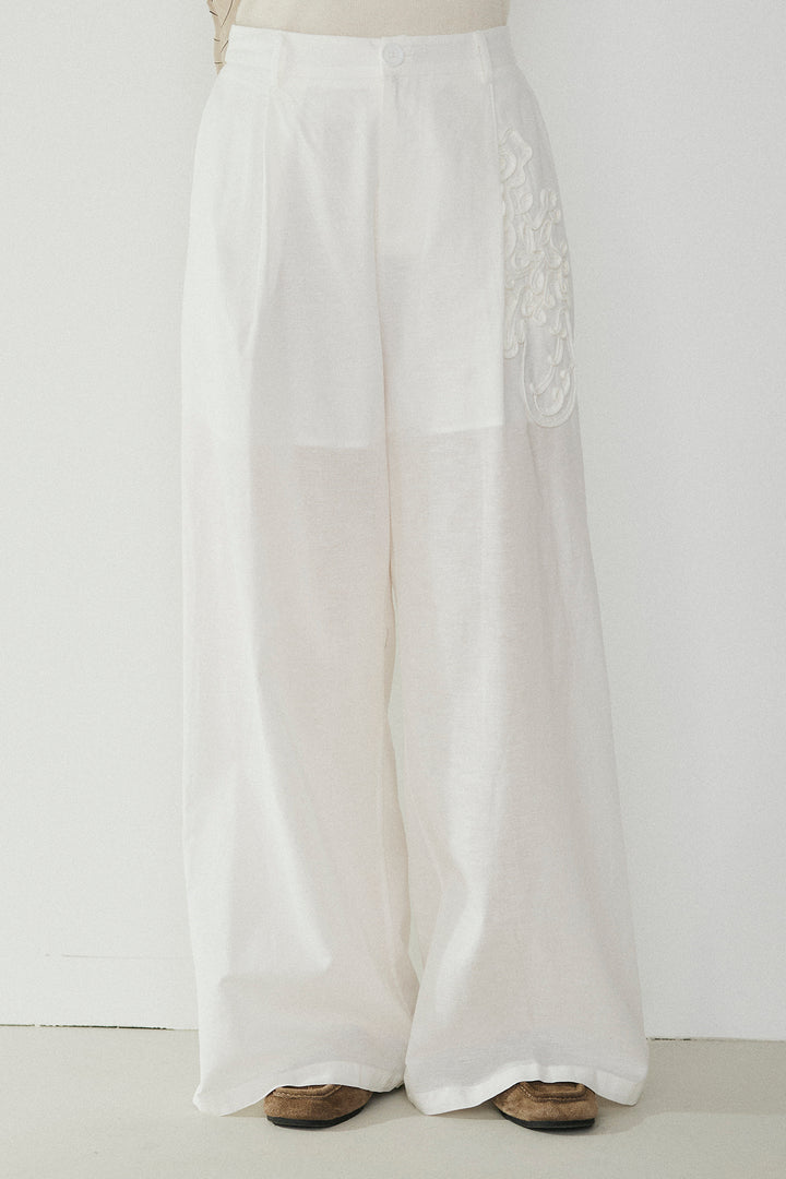 麻混サイドニュアンス柄パンツ