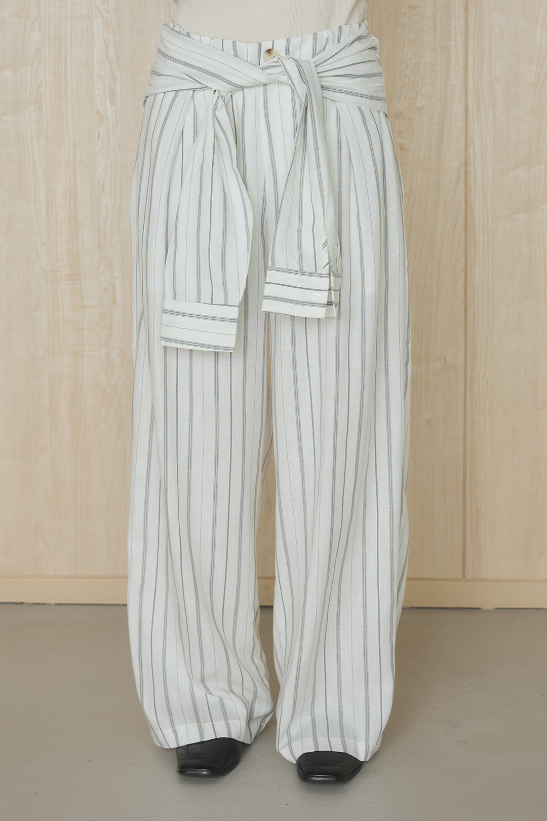 [SET]襟付きボタンブラウス+ウエスト巻きピンストライプパンツ(2set)