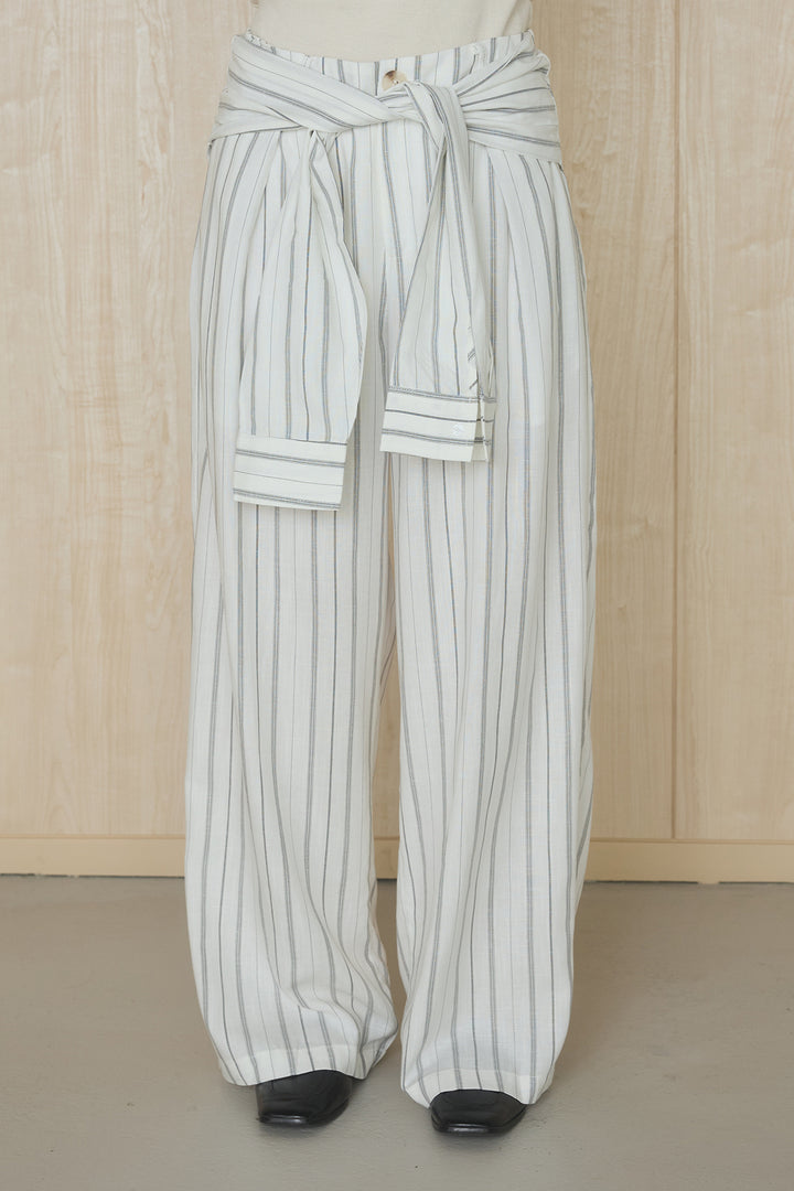 [SET]襟付きボタンブラウス+ウエスト巻きピンストライプパンツ(2set)
