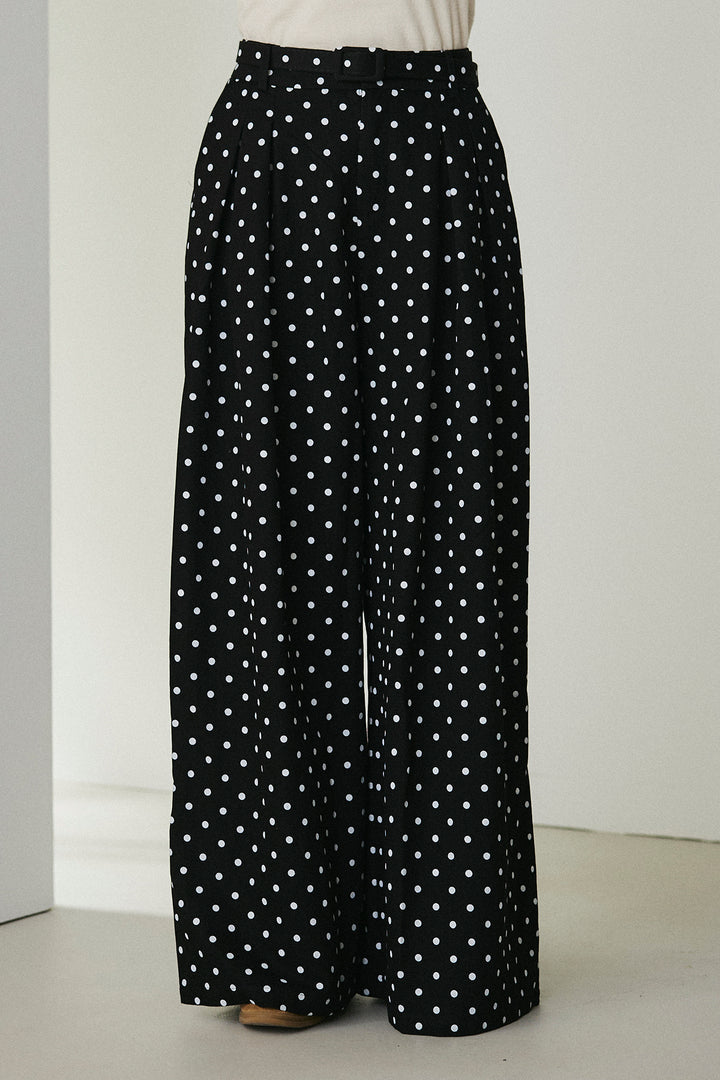 [SET]配色ステッチシアーシャツ+ベルト付きドット柄ワイドパンツ(2set)