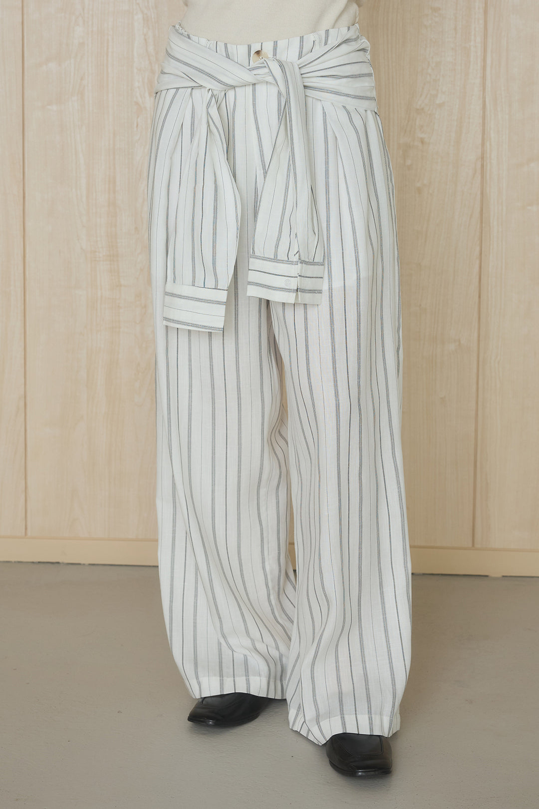 [SET]襟付きボタンブラウス+ウエスト巻きピンストライプパンツ(2set)