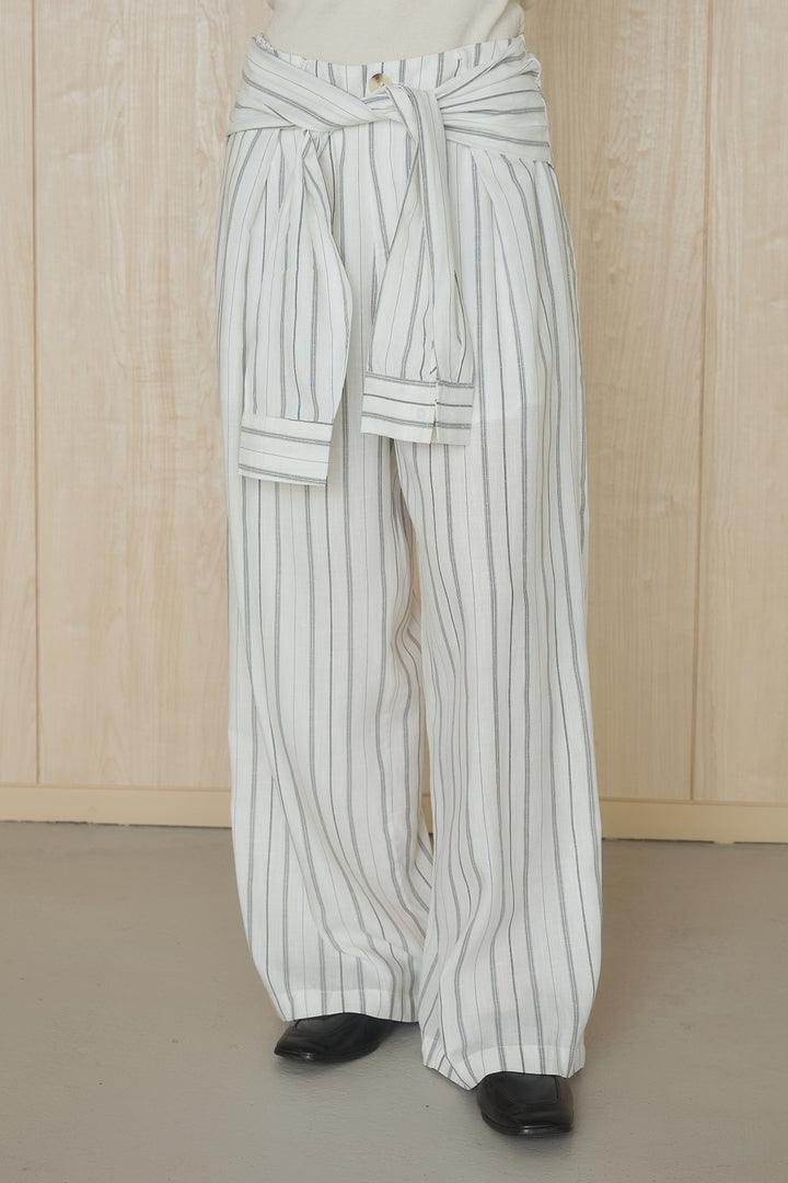 [SET]襟付きボタンブラウス+ウエスト巻きピンストライプパンツ(2set)