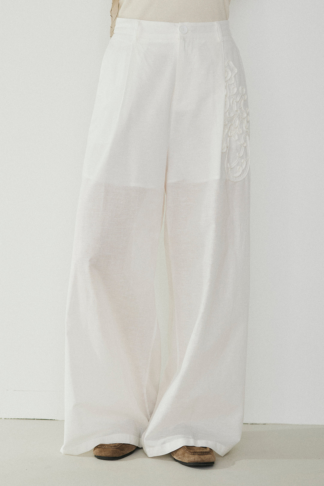 麻混サイドニュアンス柄パンツ