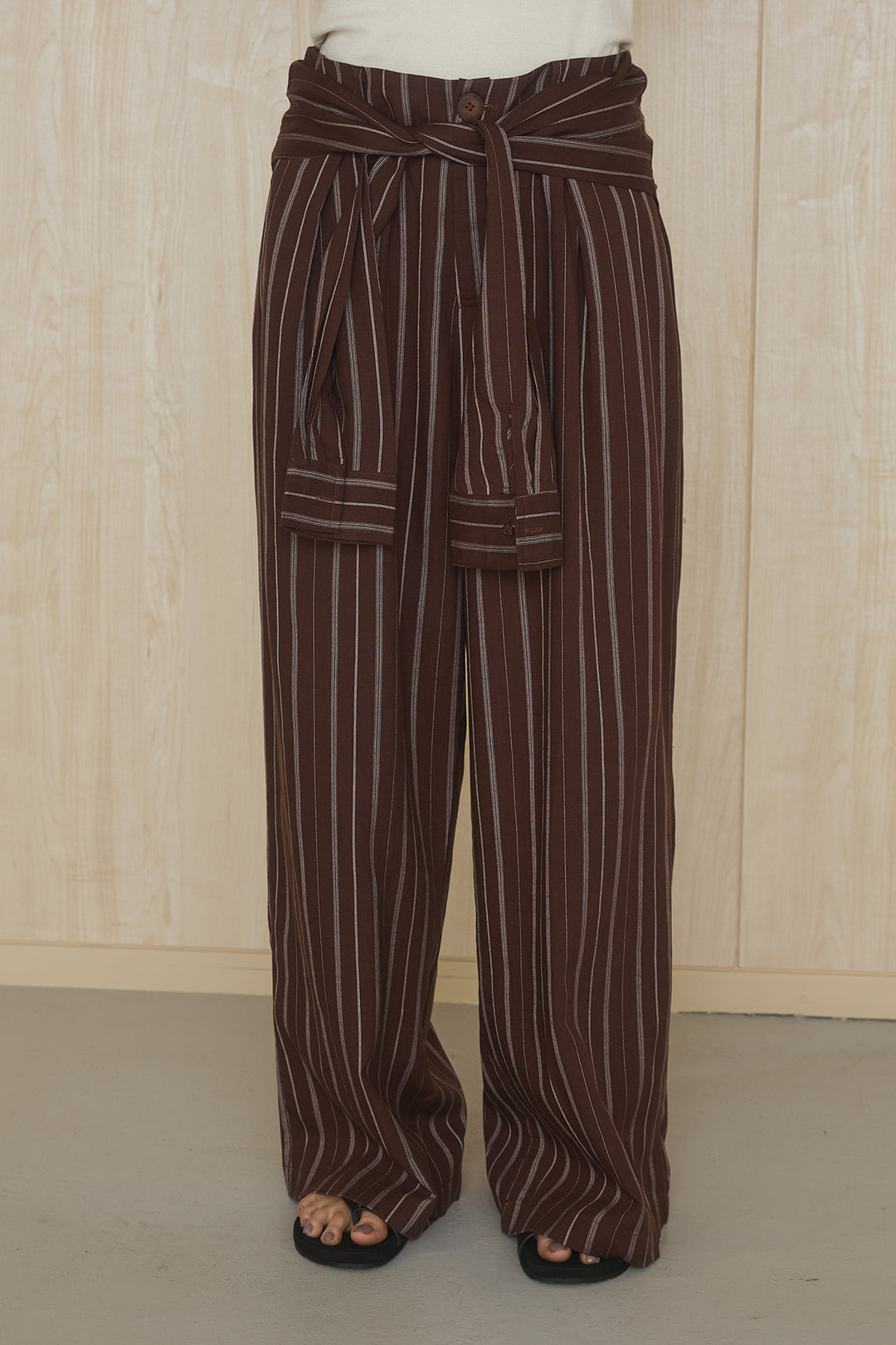 [SET]襟付きボタンブラウス+ウエスト巻きピンストライプパンツ(2set)