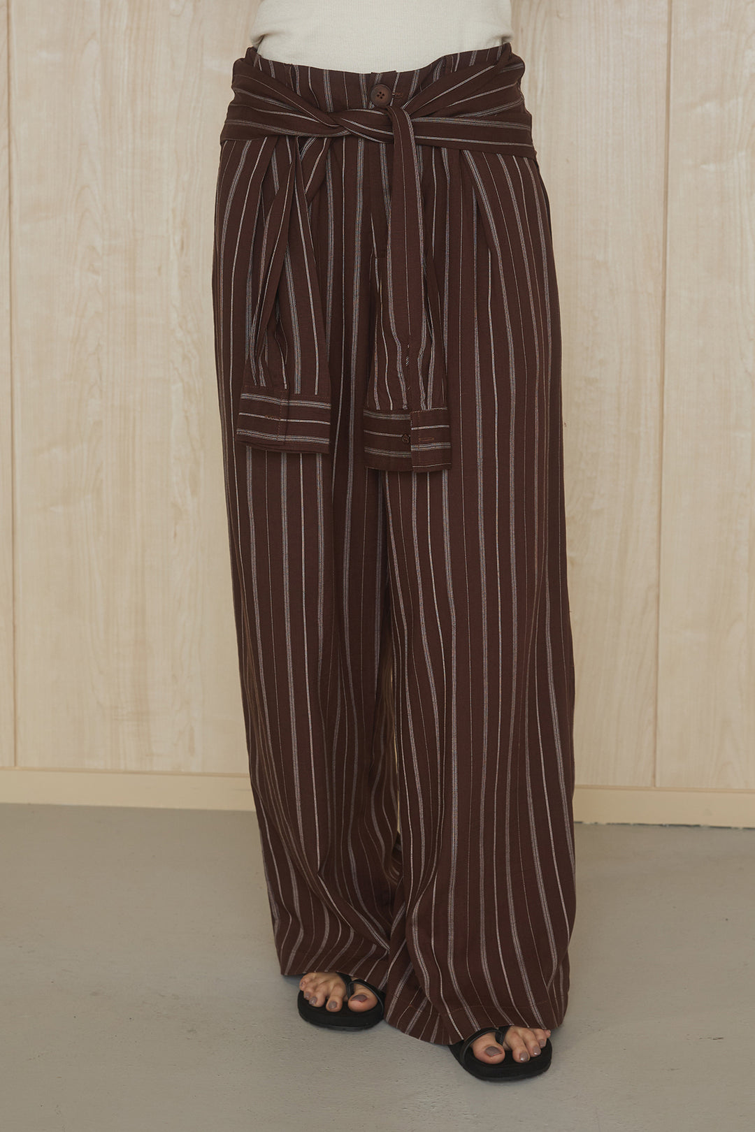 [SET]襟付きボタンブラウス+ウエスト巻きピンストライプパンツ(2set)