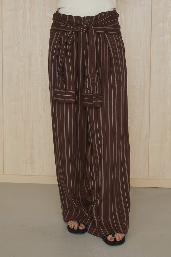 [SET]襟付きボタンブラウス+ウエスト巻きピンストライプパンツ(2set)