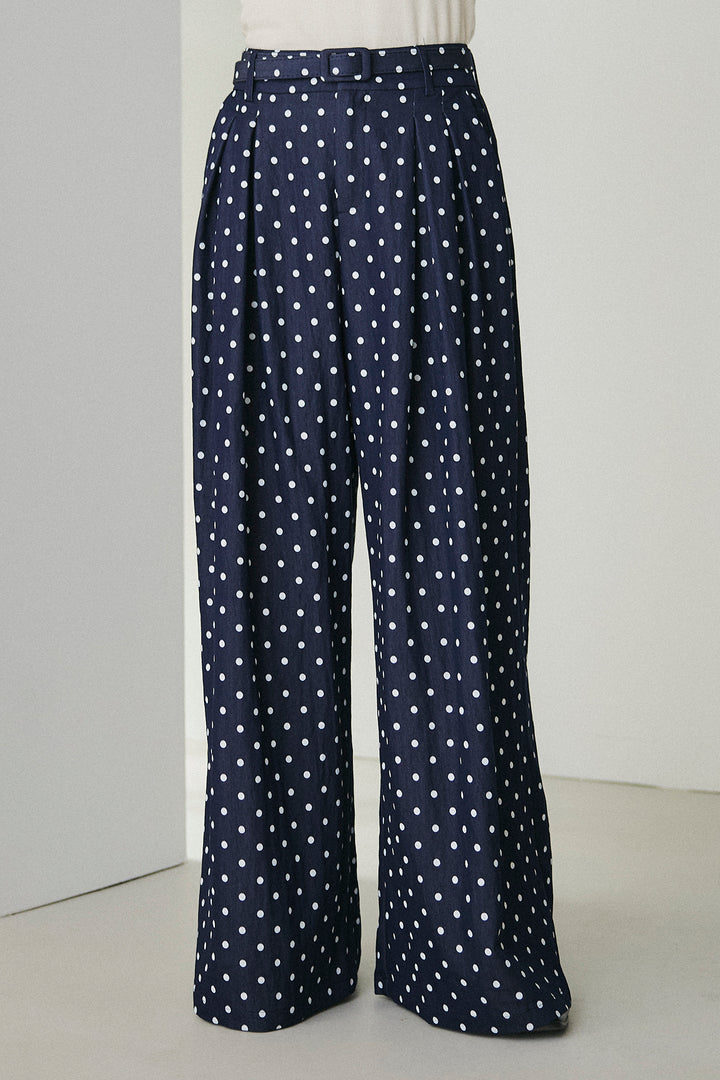 [SET]配色ステッチシアーシャツ+ベルト付きドット柄ワイドパンツ(2set)