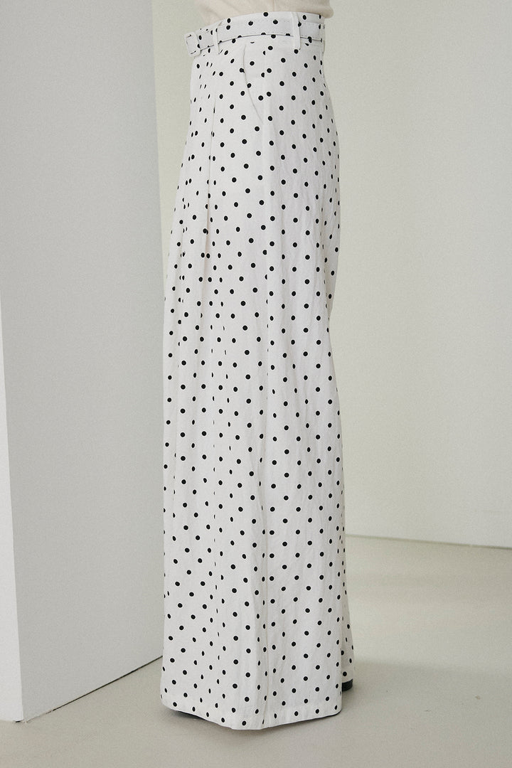 [SET]配色ステッチシアーシャツ+ベルト付きドット柄ワイドパンツ(2set)