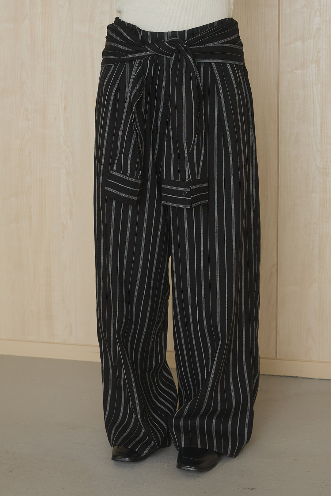 [SET]襟付きボタンブラウス+ウエスト巻きピンストライプパンツ(2set)