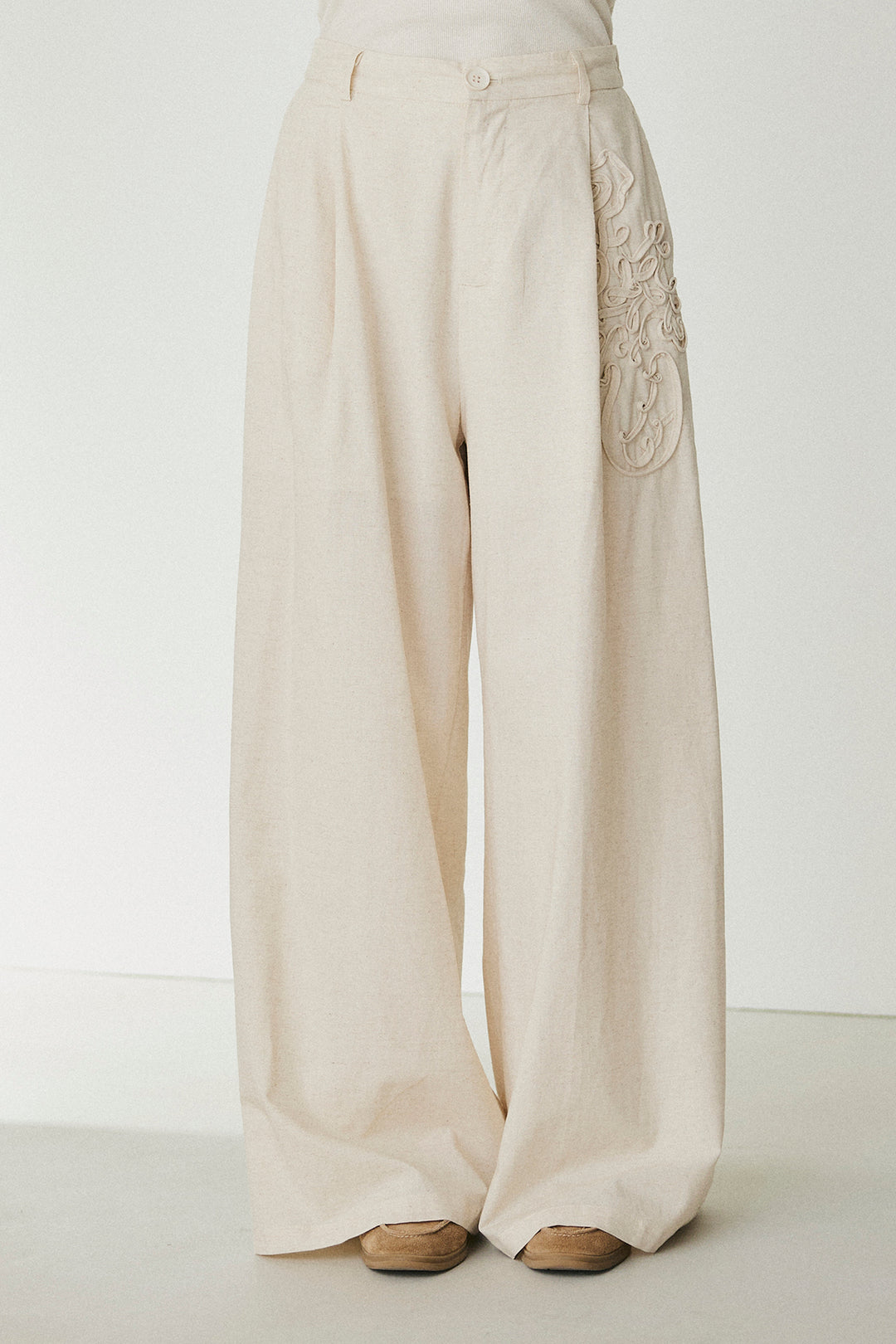 麻混サイドニュアンス柄パンツ