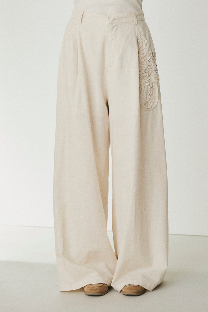 麻混サイドニュアンス柄パンツ