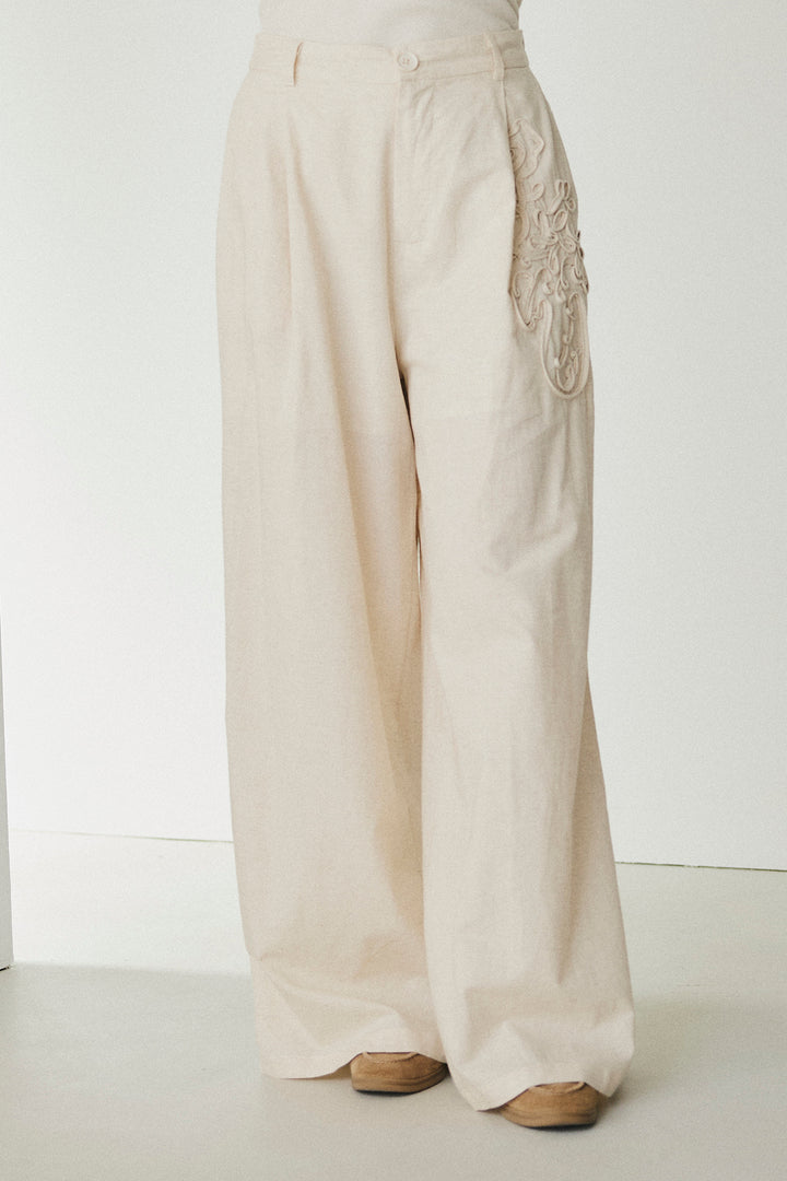 麻混サイドニュアンス柄パンツ